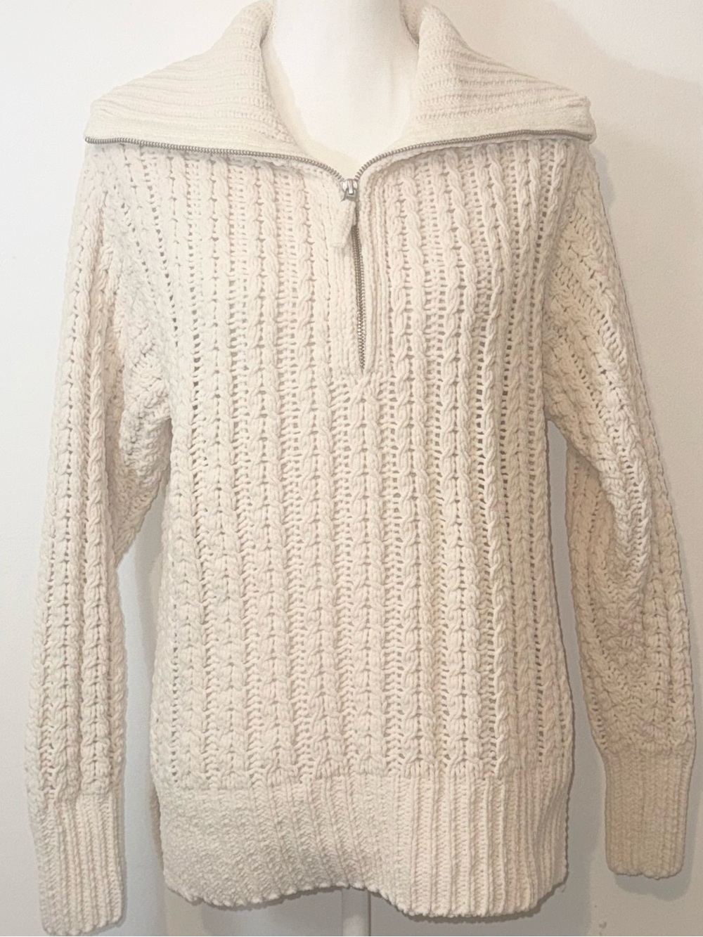 Aerie Oversized Cream Cable Knit Quarter Zip Chenille Sweater Size XS